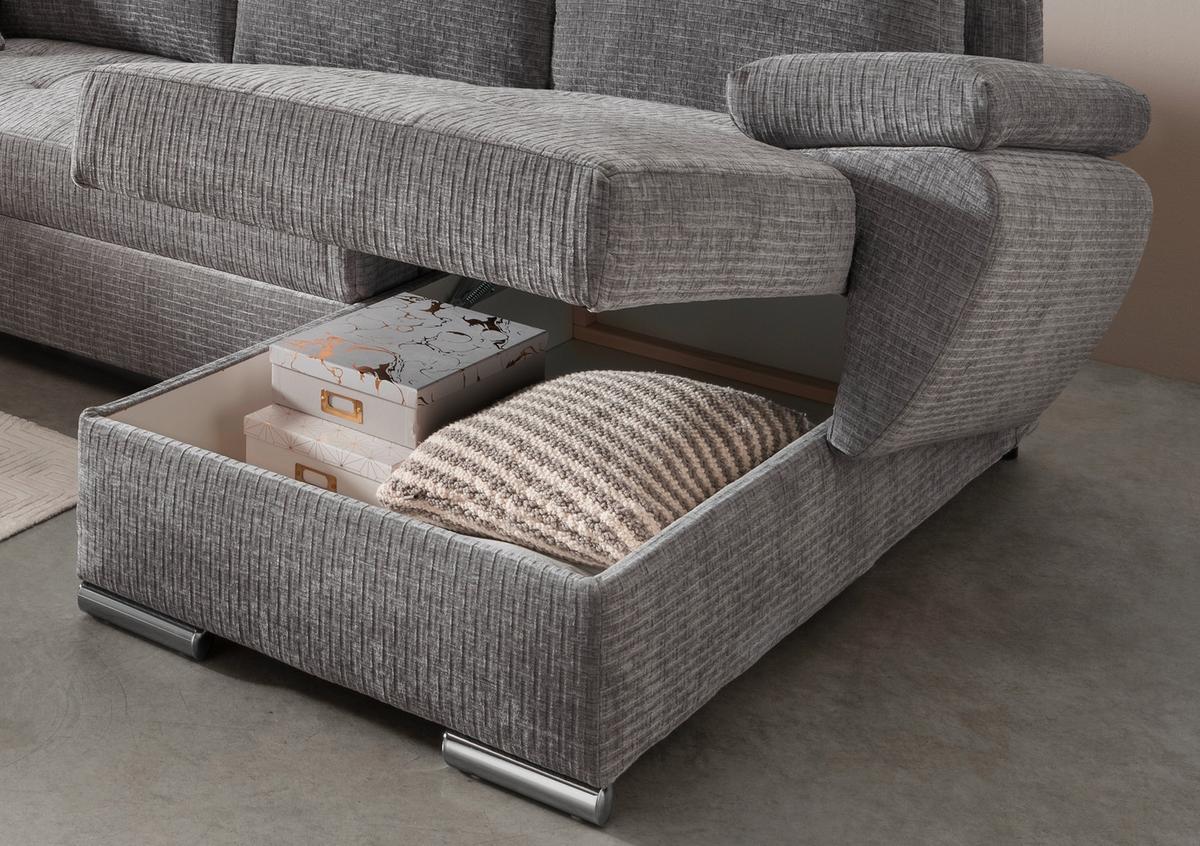 Wohnlandschaft Terana Grau mit Schlaffunktion, Mikrofaser - Chromfarben/Grau, KONVENTIONELL, Textil (219/305/157cm) - Livetastic