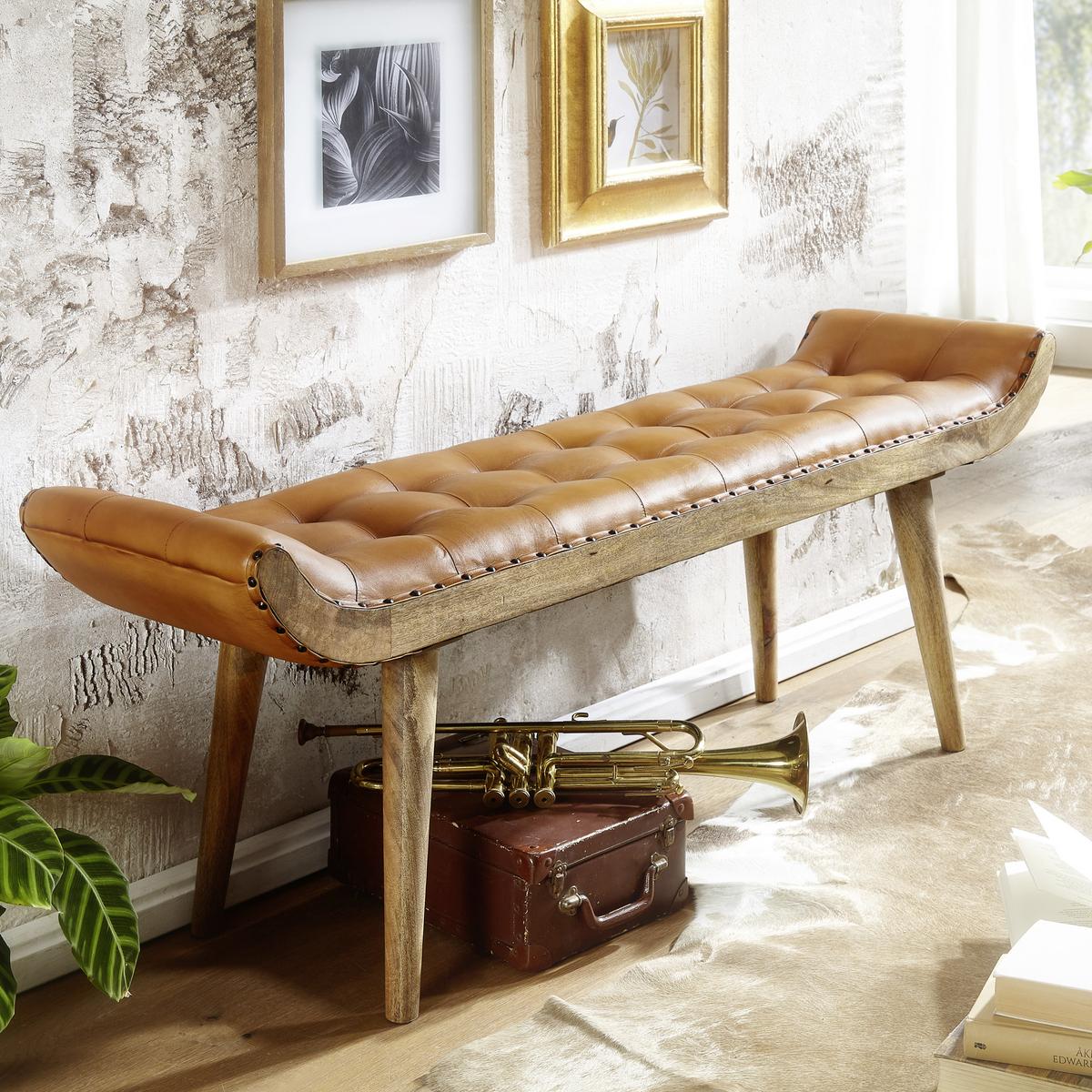 Šatní lavice hnědá - hnědá, Moderní, dřevo/kůže (125/50/38cm) - MID.YOU