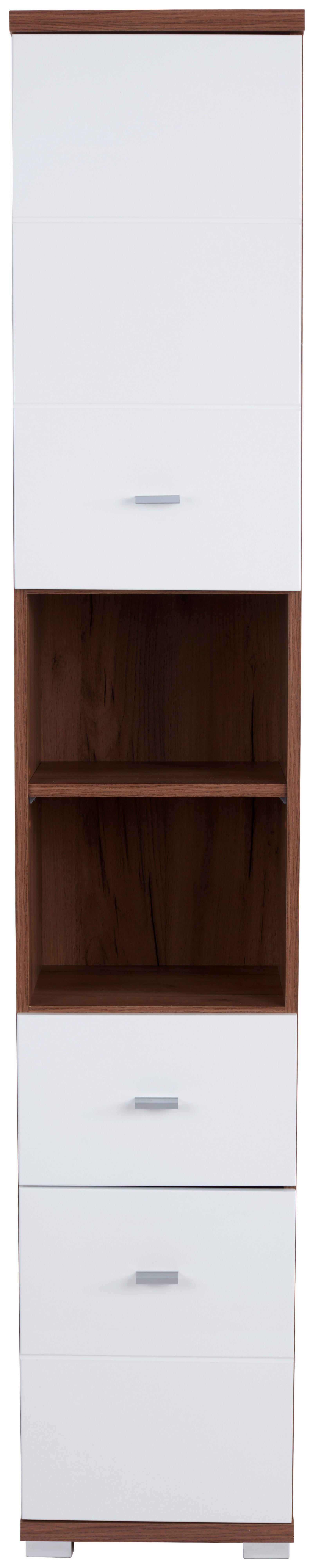 Hochschrank Bari B: 35,5cm, Weiß + Eiche Dekor - Eichefarben/Alufarben, KONVENTIONELL, Holzwerkstoff (35,5/190/31,5cm)