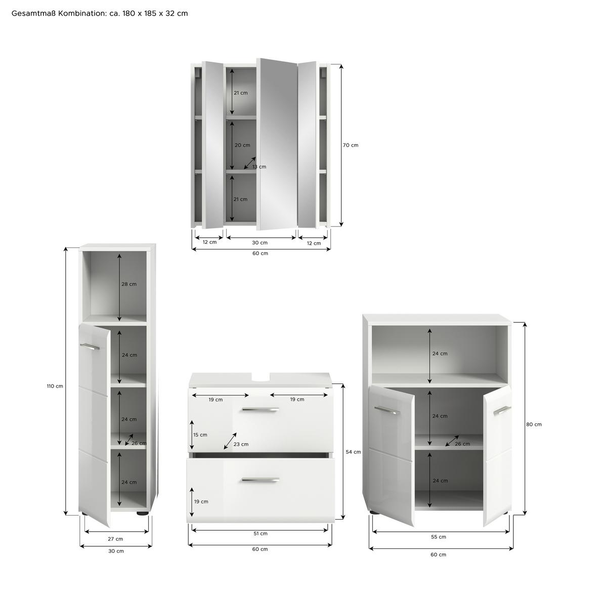 Badezimmer Ice Weiß Hg B: 150 cm - Weiß Hochglanz/Schwarz, MODERN, Glas/Holzwerkstoff (150cm) - MID.YOU