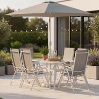 Gartentischgruppe 8-tlg Brekki Aus Aluminium Mit Schirm - Weiß, KONVENTIONELL, Glas/Metall (150/90/73cm) - Gardenson