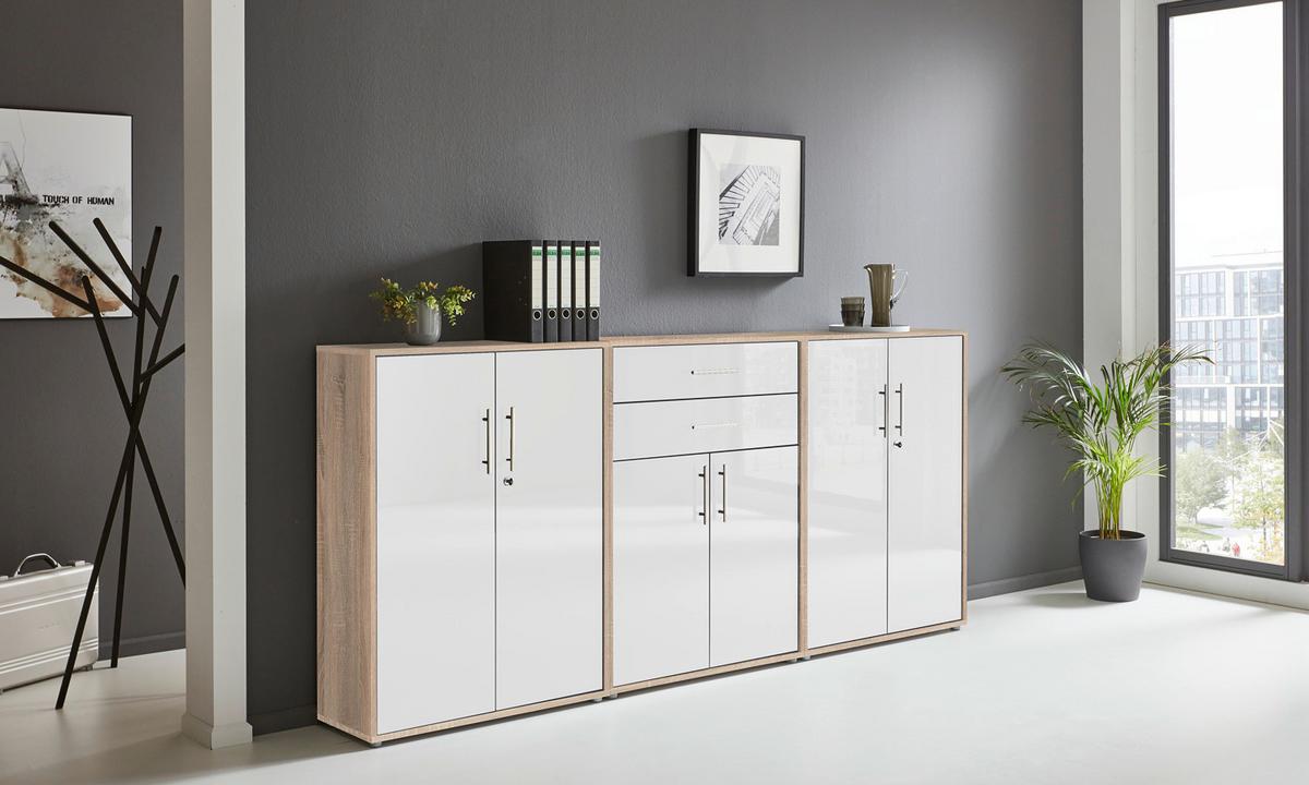 Aktenschrank Office Edition Weiß Hg/Eiche Dekor B: 253,2cm - Weiß Hochglanz/Sonoma Eiche, MODERN, Holzwerkstoff (253,2/113,6/33cm) - MID.YOU