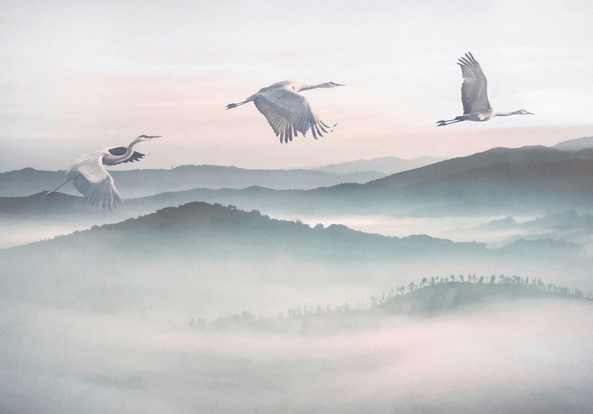 Fototapete Mystic Cranes - Blau/Weiß, Trend, Papier (400/280cm) - Komar