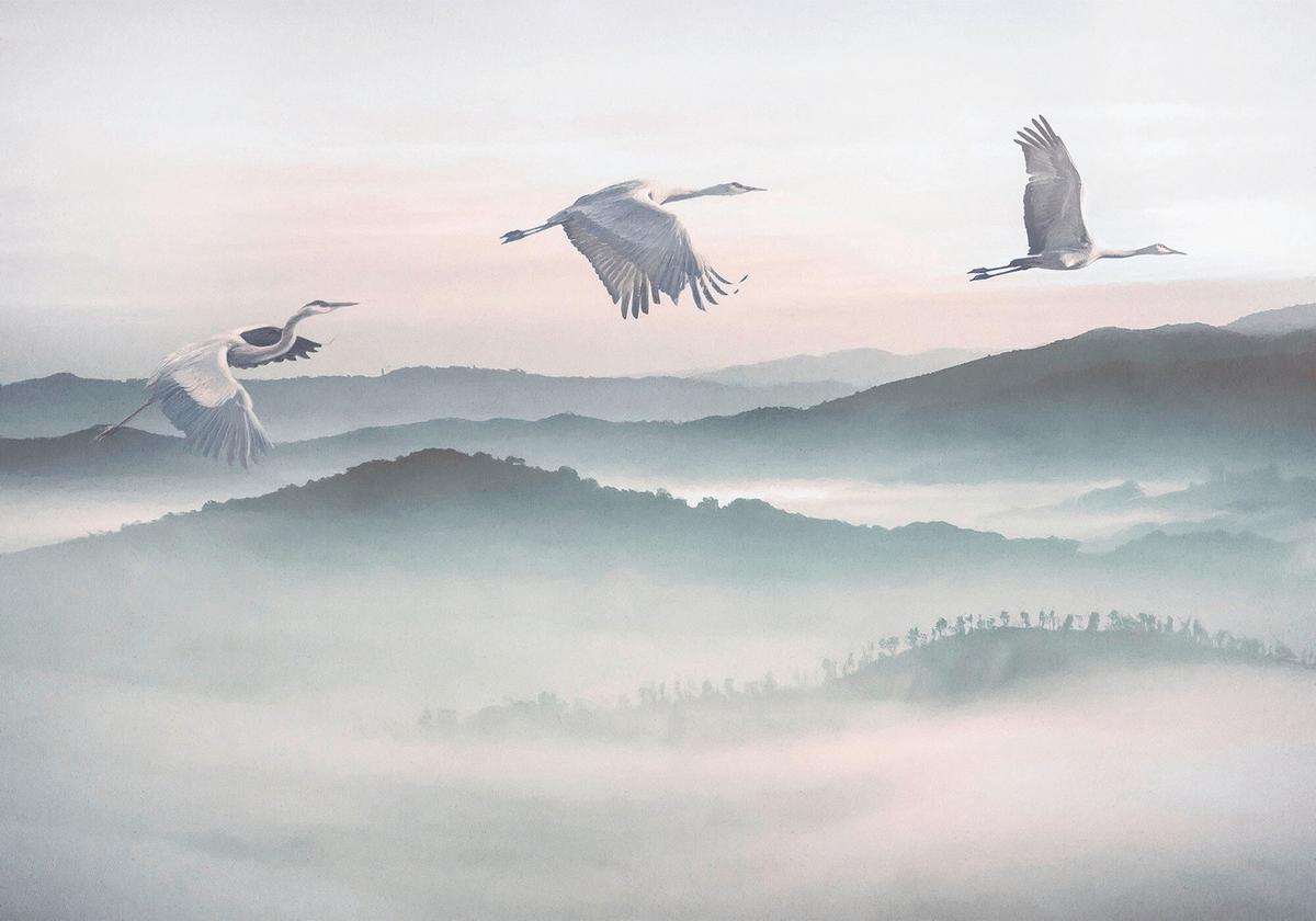 Fototapete Mystic Cranes - Blau/Weiß, Trend, Papier (400/280cm) - Komar