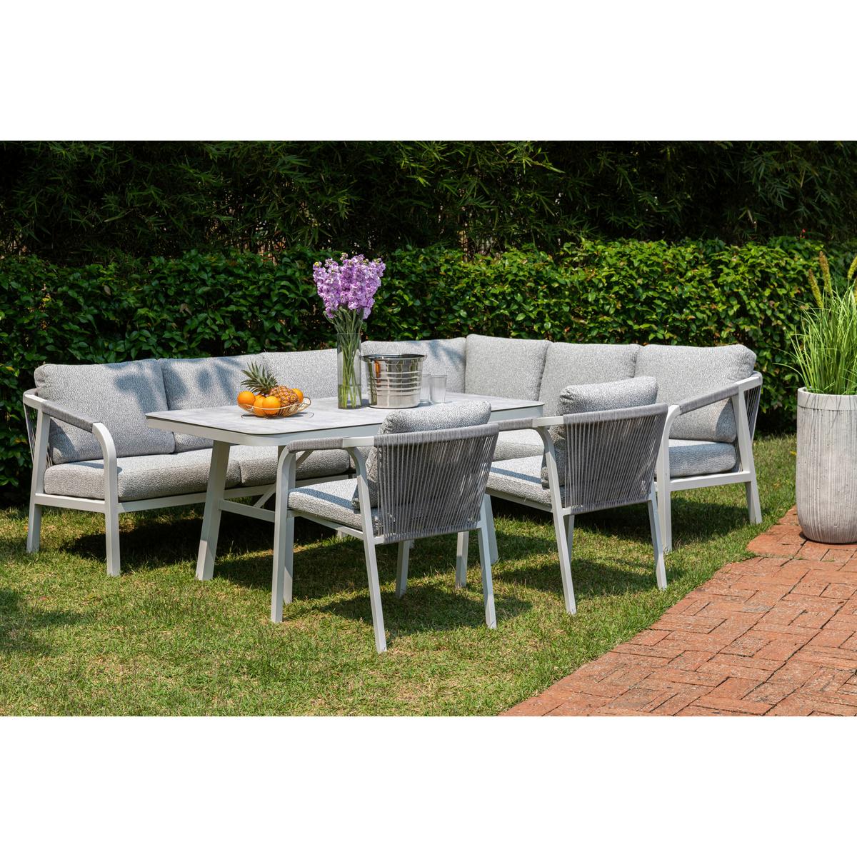 DINING-LOUNGESET HARVEY XL - Weiß/Grau, MODERN, Glas/Textil - Gardenson