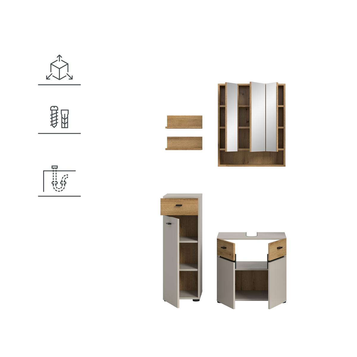 Badezimmer Aqua Kaschmir/Eichefarben B: 92cm - Kaschmir/Eichefarben, Trend, Glas/Holzwerkstoff (92cm) - MID.YOU