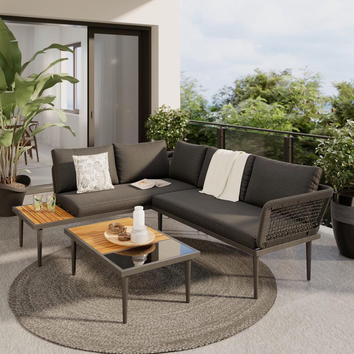 Loungegarnitur Nara - Schwarz/Akaziefarben, MODERN, Glas/Holz (185/146,5cm) - Beldano