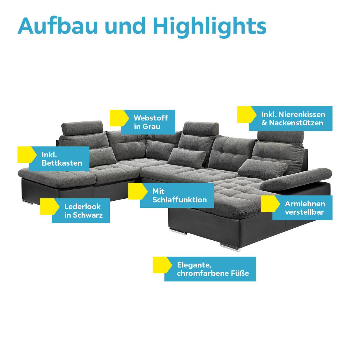 Wohnlandschaft Mit Schlaffunktion Jakarta - Chromfarben/Schwarz, Design, Textil (218/324/170cm) - MID.YOU