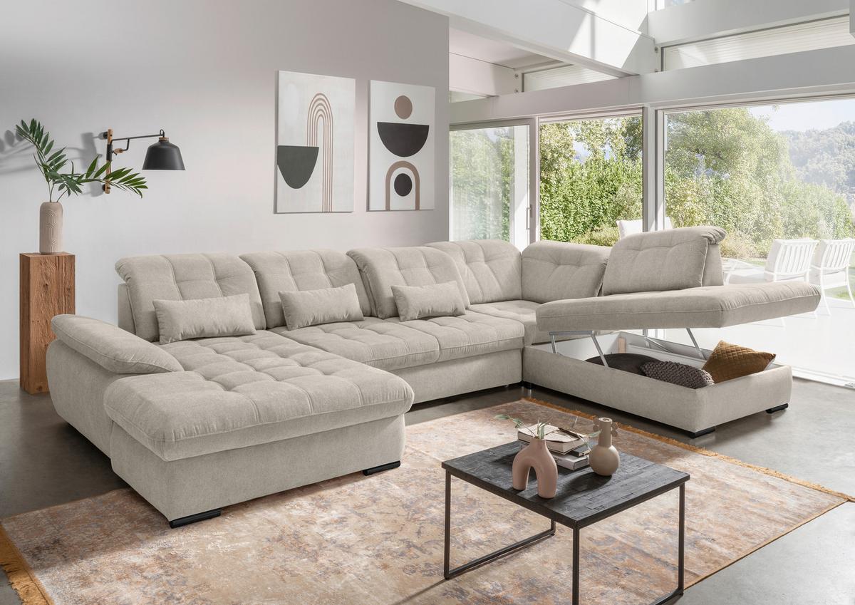 Wohnlandschaft mit Bettkasten Rigatti Beige B: 387 cm - Beige/Schwarz, MODERN, Textil (184/387/252cm) - Livetastic