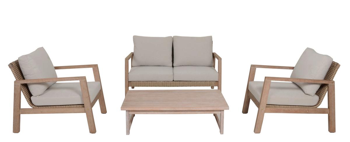 Loungegarnitur 4-Tlg San Mateo Echtholz/Kunststoff mit Kissen - Beige/Braun, MODERN, Holz (83/72/121cm) - Gardenson