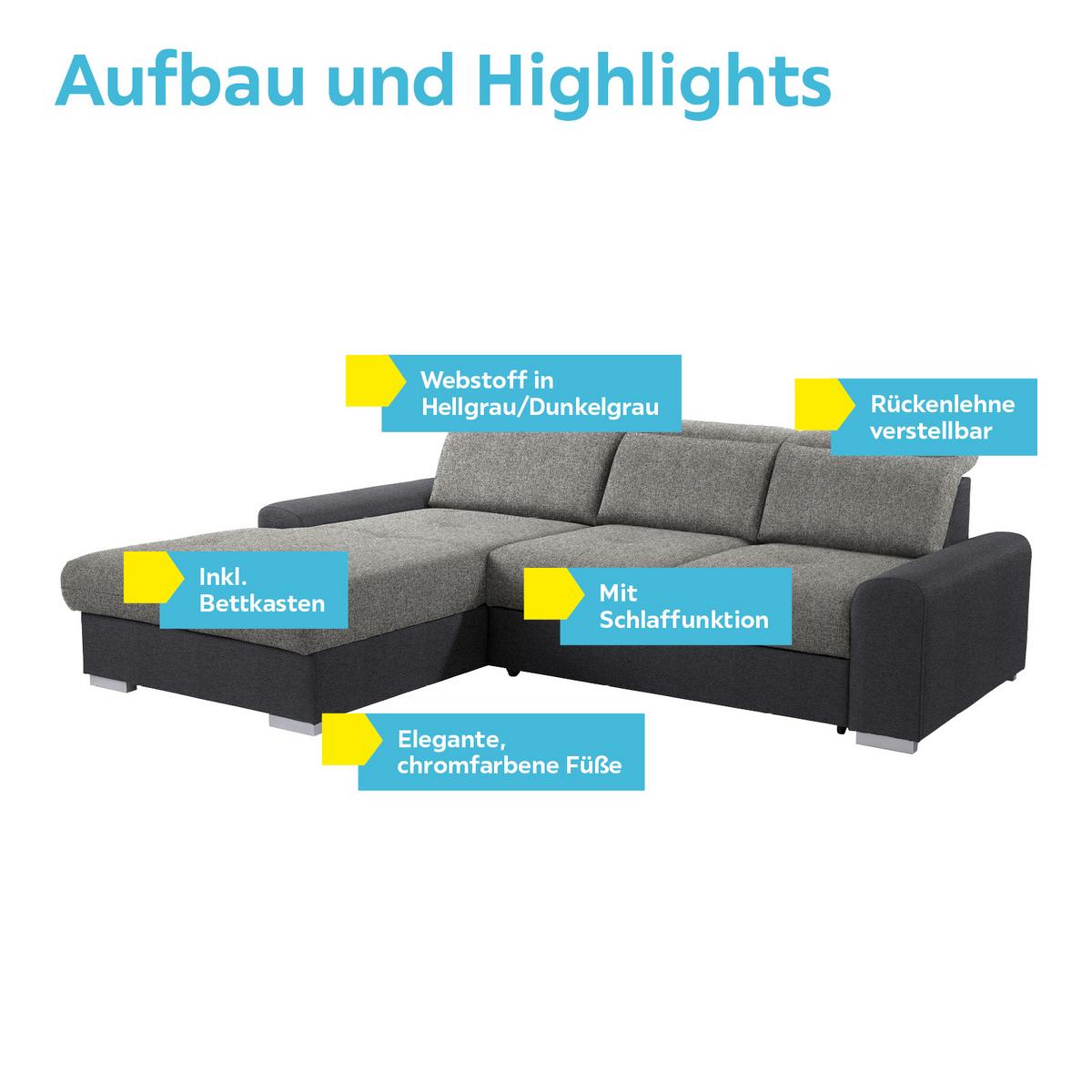 Ecksofa mit Schlaffunktion + Bettkasten Malaga, Webstoff - Dunkelgrau/Silberfarben, KONVENTIONELL, Textil (203/286cm) - Ondega