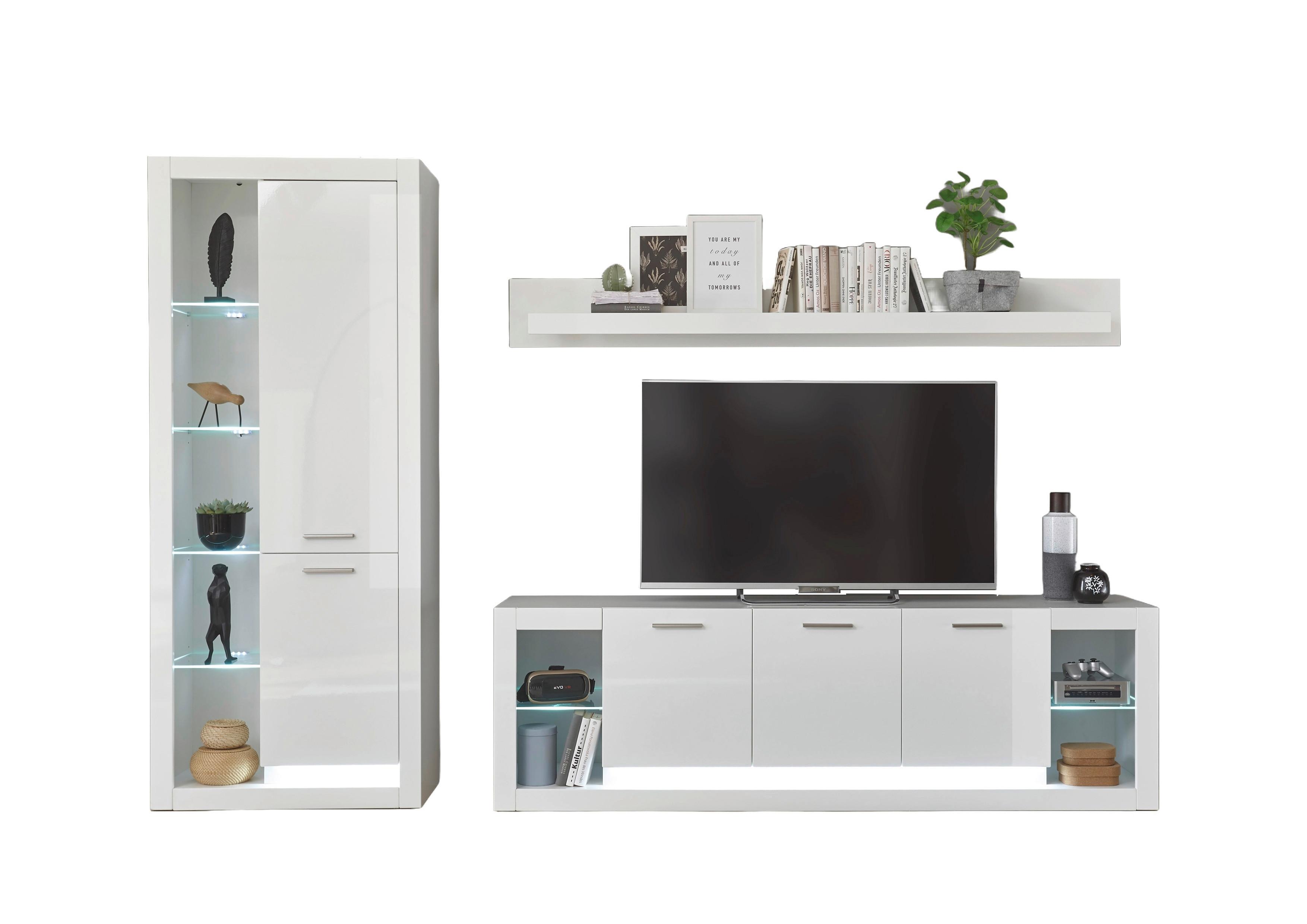 Wohnwand Meran Weiß/Weiß HG - Weiß Hochglanz/Weiß, Design, Glas/Holzwerkstoff (298/195/43cm) - MID.YOU