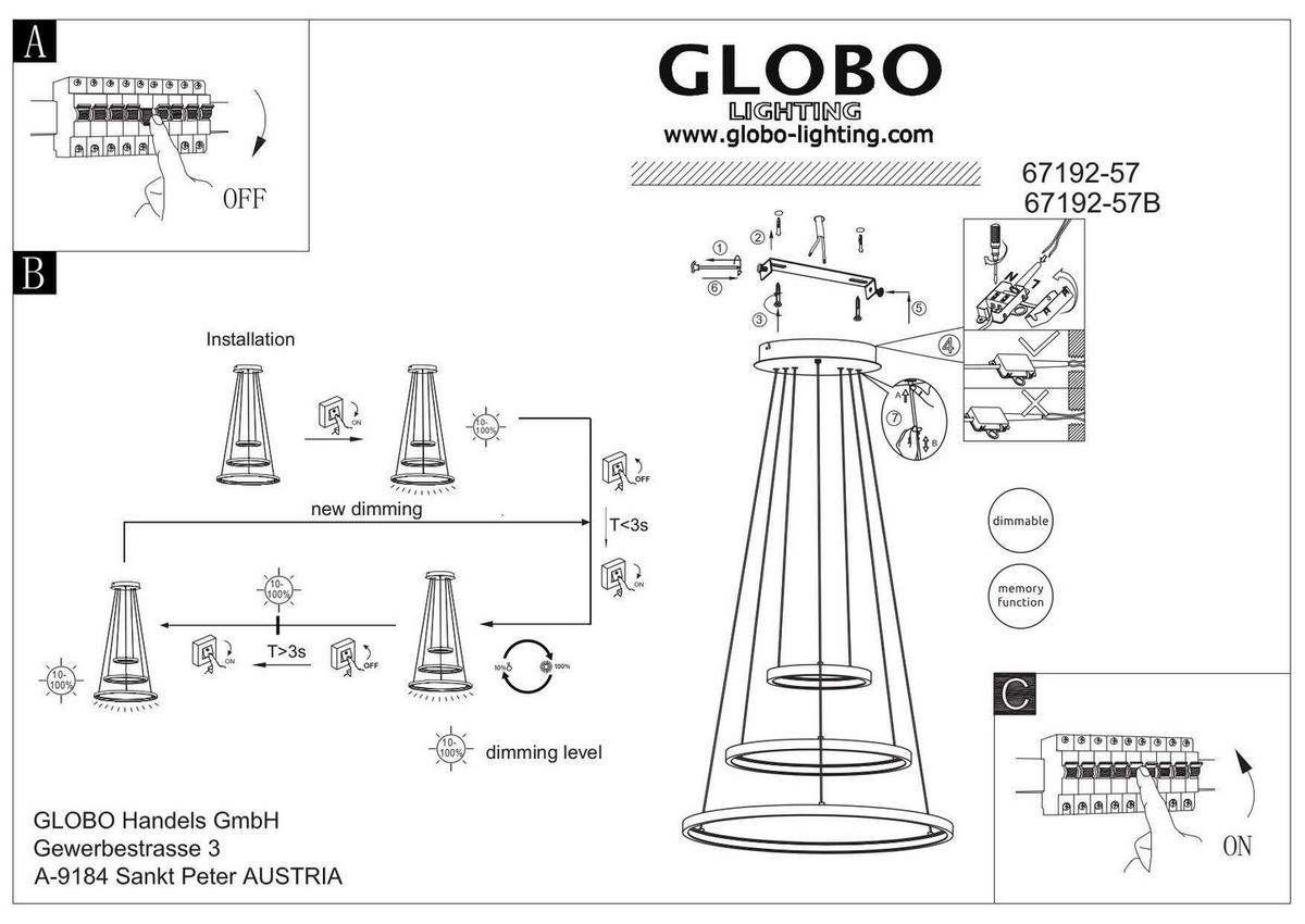 Hängeleuchte Ralph H: 120 cm 1-Flammig, Memory-Funktion - Opal/Schwarz, Basics, Kunststoff/Metall (51/120cm) - Globo