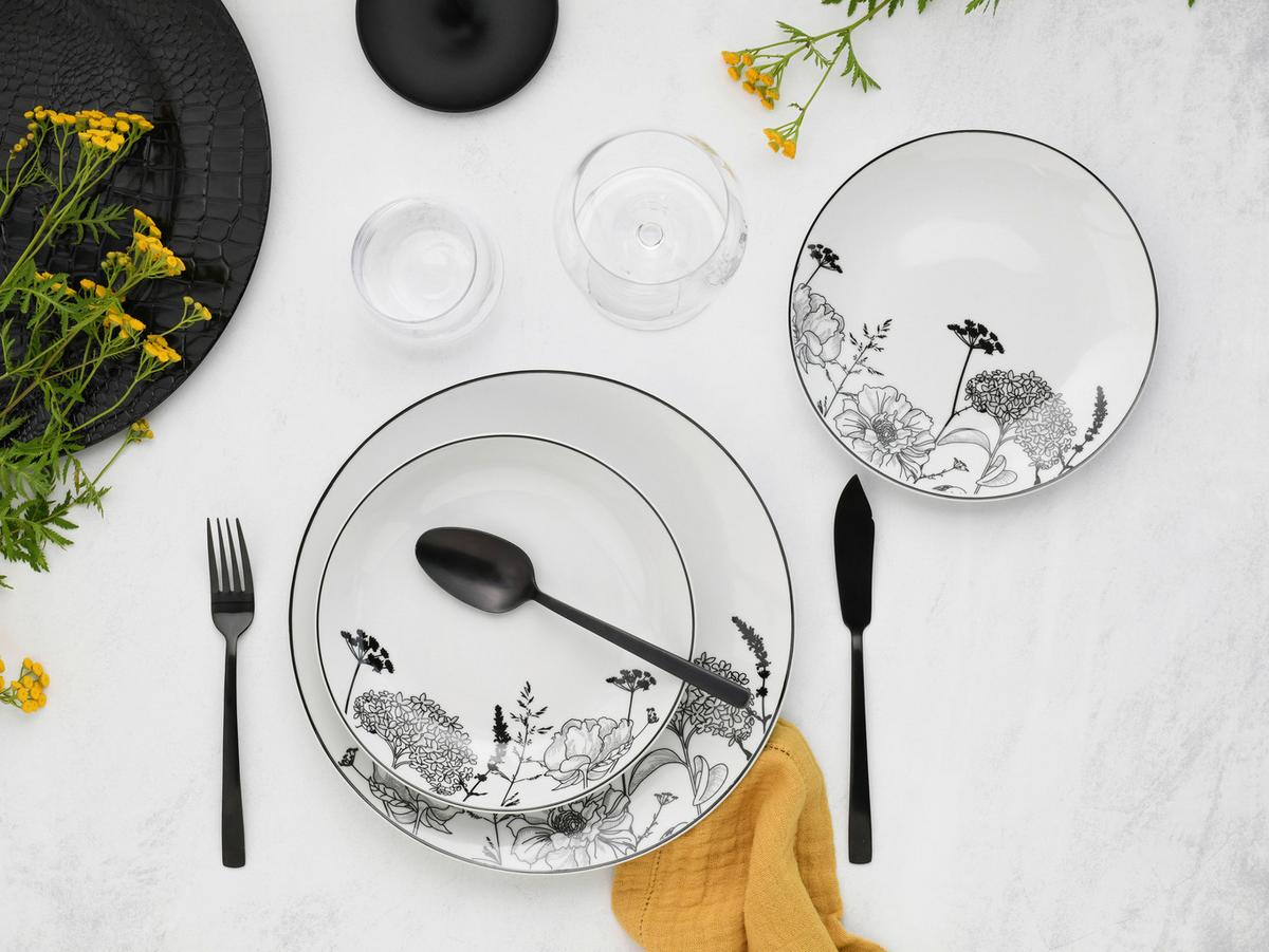 Tafelservice Luna Black Flower 18--Teilig., Schwarz, Grauweiß - Grauweiß/Schwarz, Basics, Keramik - Creatable
