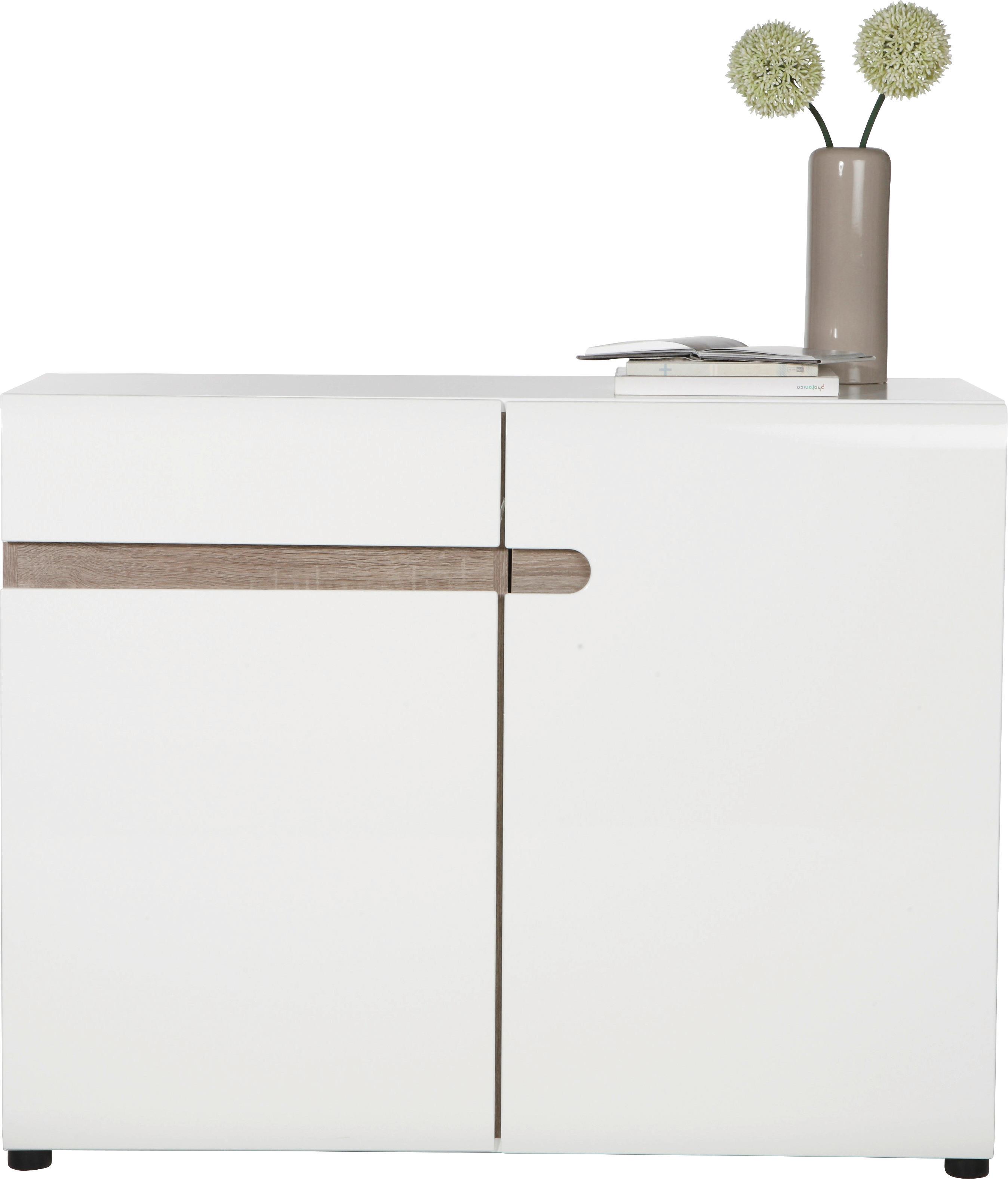 Kommode Linate B: 109,4 cm Alpinweiss/Trüffel Eiche Dekor - Weiß Hochglanz/Trüffeleichefarben, MODERN, Holzwerkstoff (109,4/86,5/41,9cm)