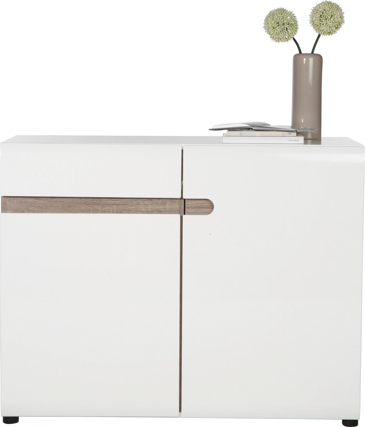 Kommode Linate B: 109,4 cm Alpinweiss/Trüffel Eiche Dekor - Weiß Hochglanz/Trüffeleichefarben, MODERN, Holzwerkstoff (109,4/86,5/41,9cm)