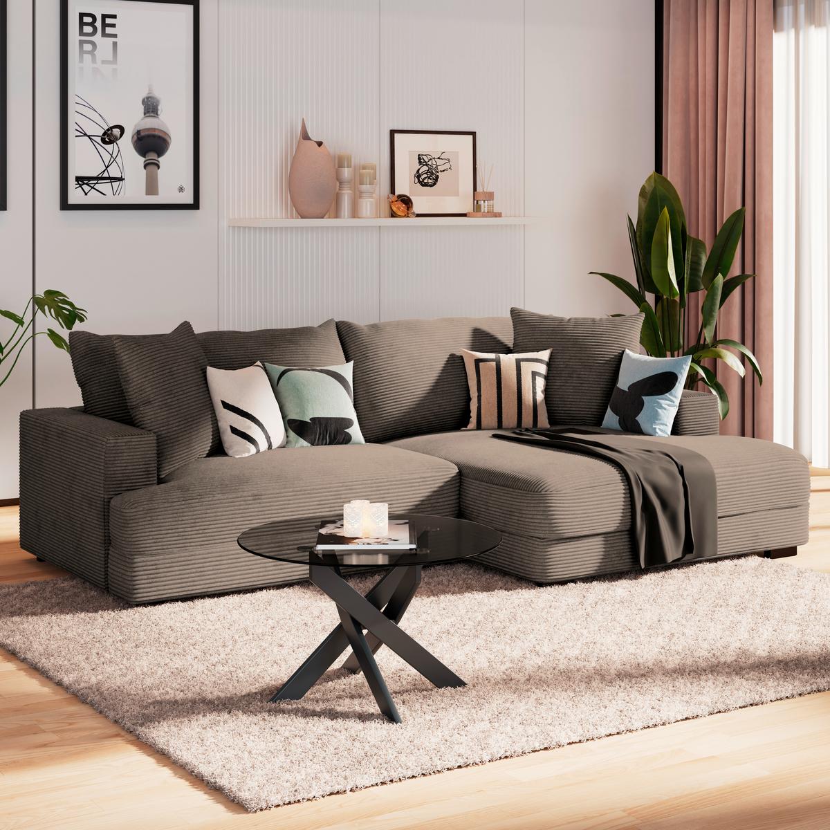 Ecksofa Pelle m. Kissen hellbraun Cord 265x180cm - Hellbraun/Schwarz, MODERN, Textil (265/180cm)