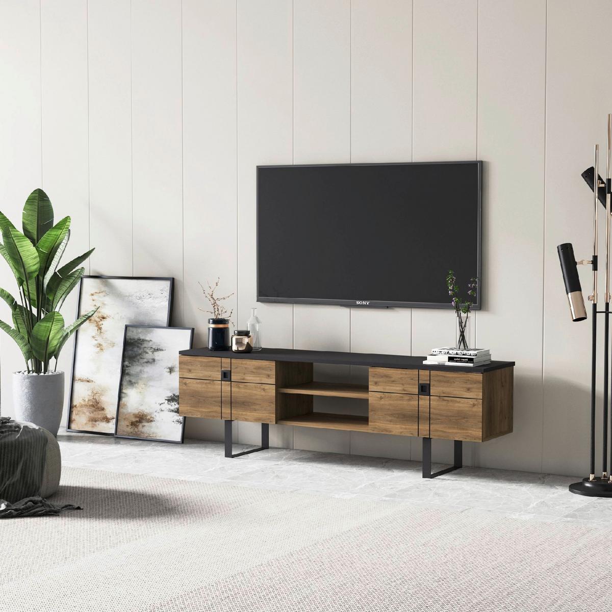 Lowboard Zeus TV-Schrank - Walnussfarben/Schwarz, Design, Holzwerkstoff (160/50/35cm) - Livetastic
