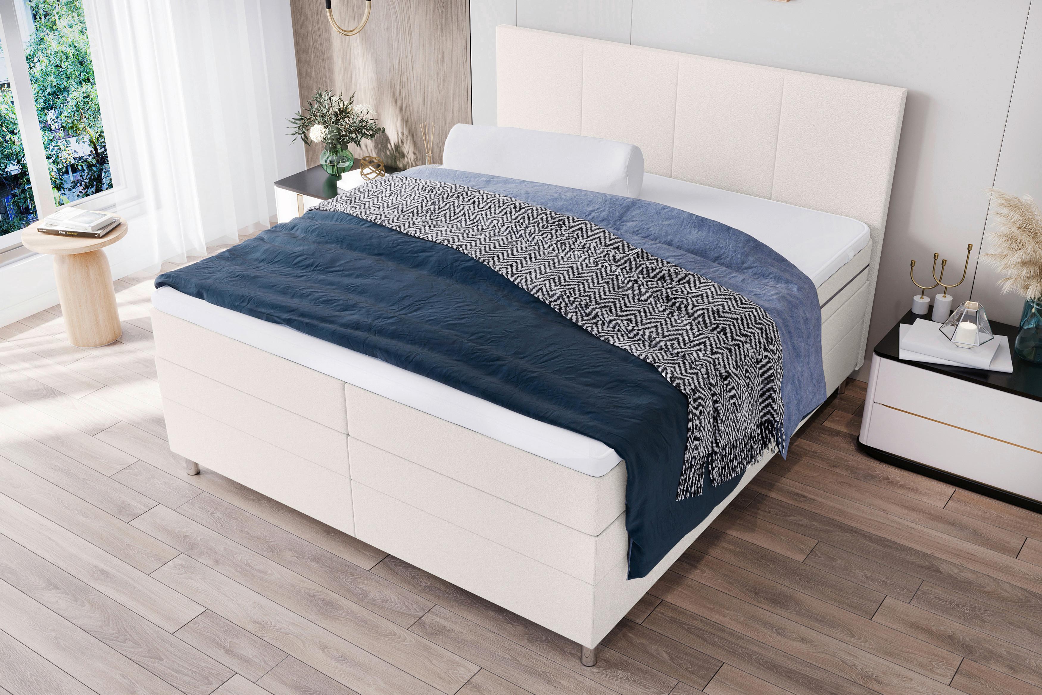 Boxspringbett Mit Topper Und Bettkasten 180x200 Cm Messina - Chromfarben/Creme, KONVENTIONELL, Textil (180/200cm)
