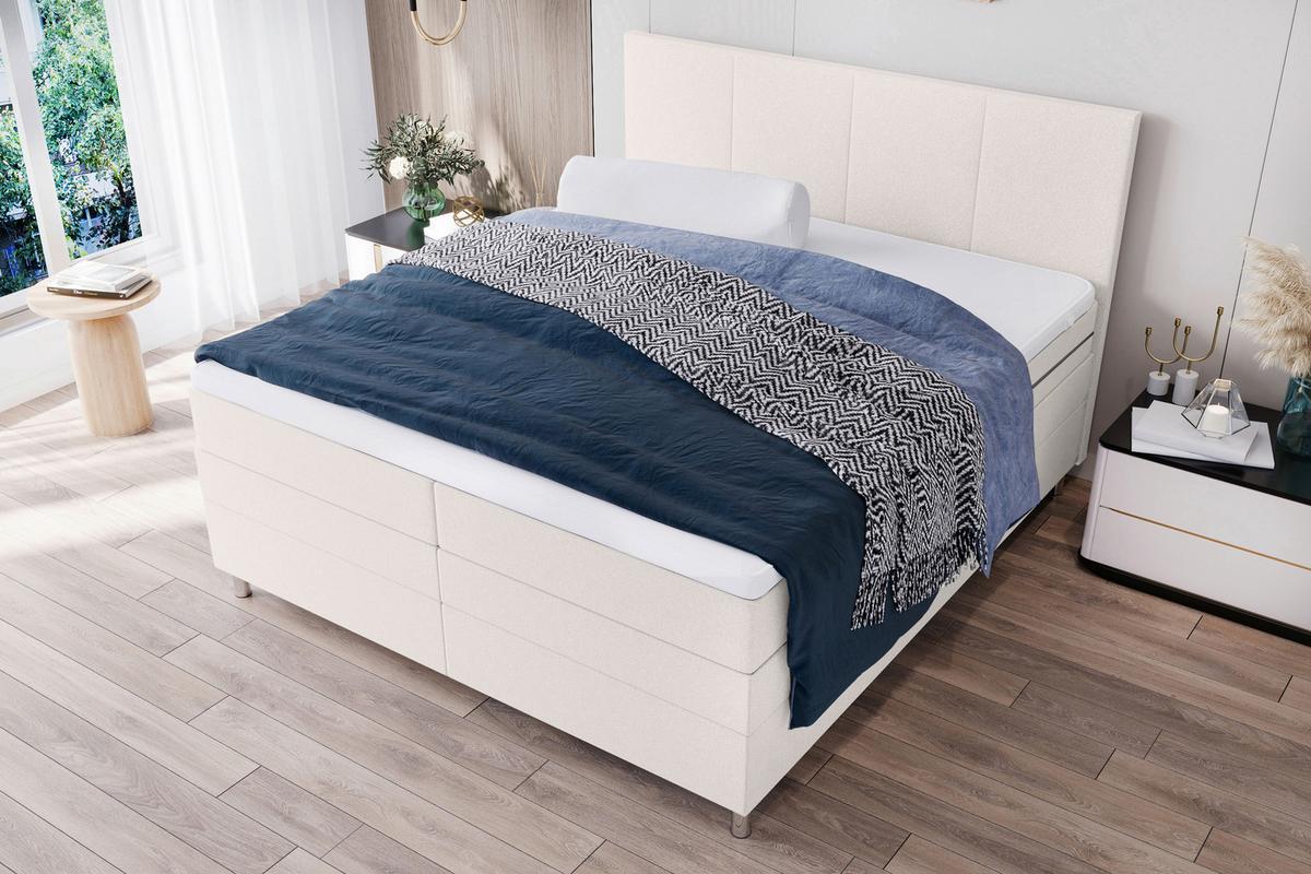 Boxspringbett mit Topper und Bettkasten 140x200 cm Messina - Chromfarben/Creme, KONVENTIONELL, Textil (140/200cm)