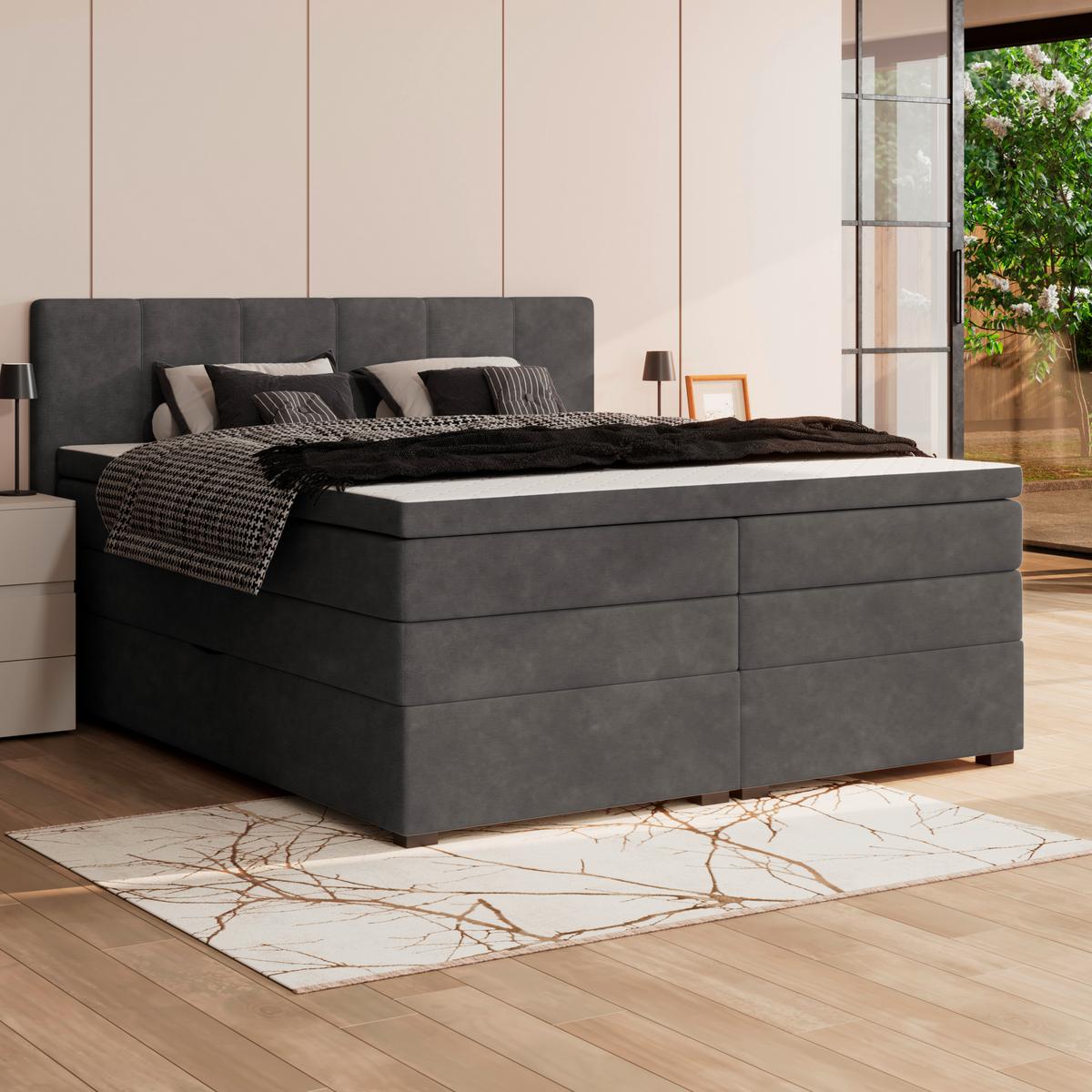 Boxspringbett mit Topper & Bettkasten 160x200 Lauro - Anthrazit/Schwarz, Trend, Textil (160/200cm)