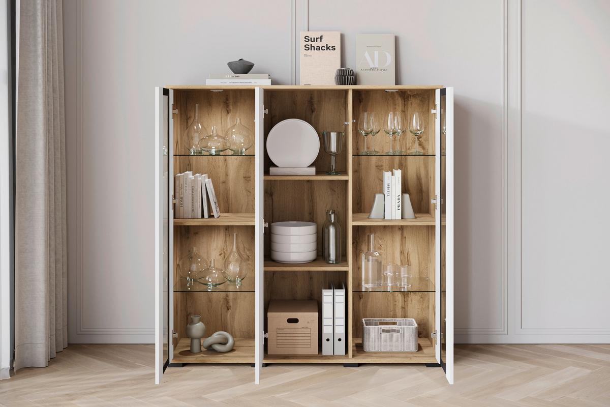 Kommode Caro Eiche Wotan/weiß Hg B: 120 Cm - Weiß Hochglanz/Eiche Wotan, Design, Glas/Holzwerkstoff (120/121,9/39,5cm) - Livetastic