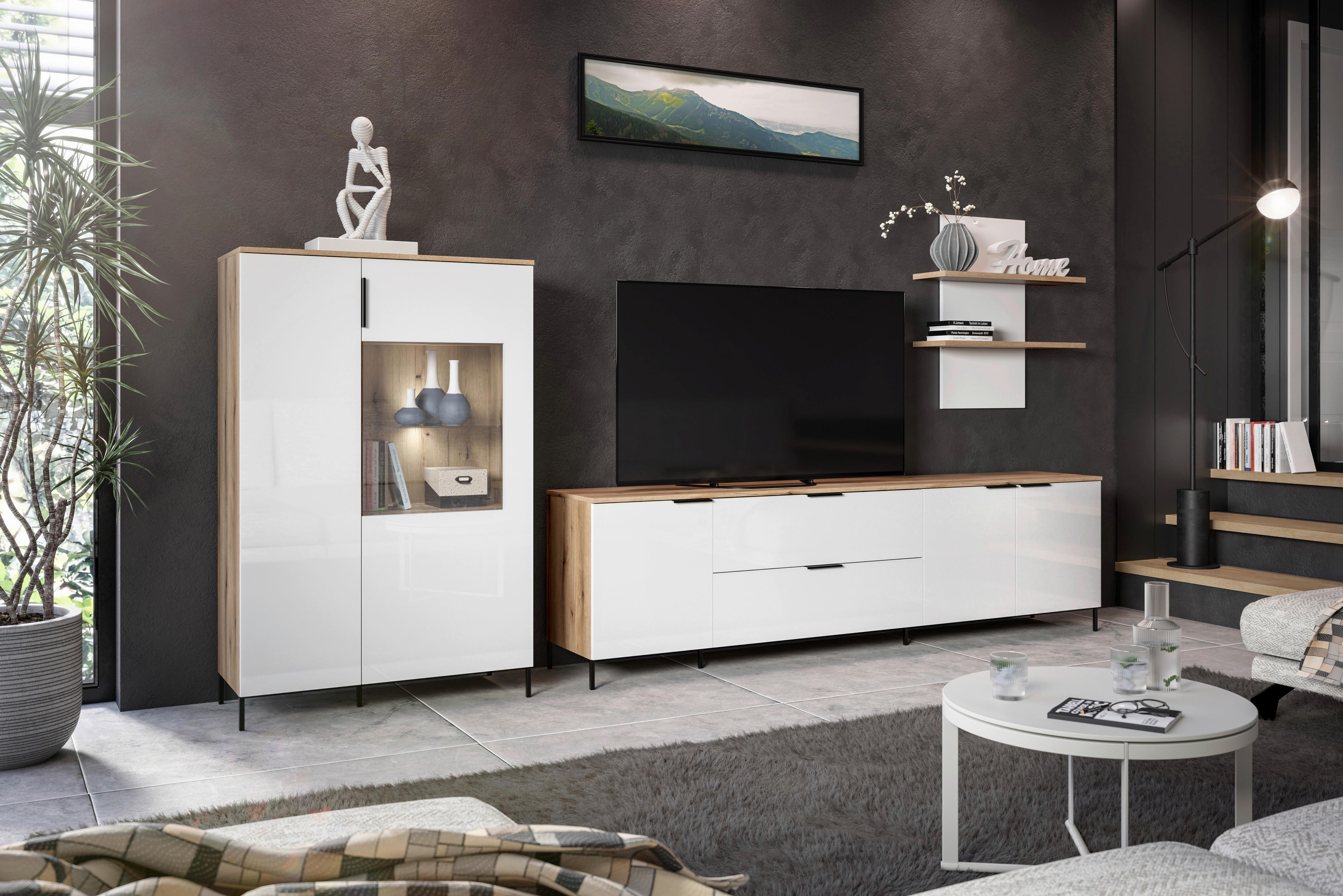 Wohnwand Austin 315 cm Eichefarben/Glasfront Weiss - Eichefarben/Weiß, Trend, Glas/Holzwerkstoff (315/140/40cm)