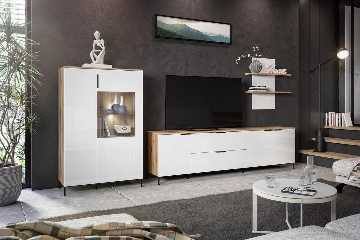 Highboard Austin 90 cm Eichefarben/Glasfront Weiss - Eichefarben/Schwarz, Trend, Glas/Holzwerkstoff (90/140/40cm)