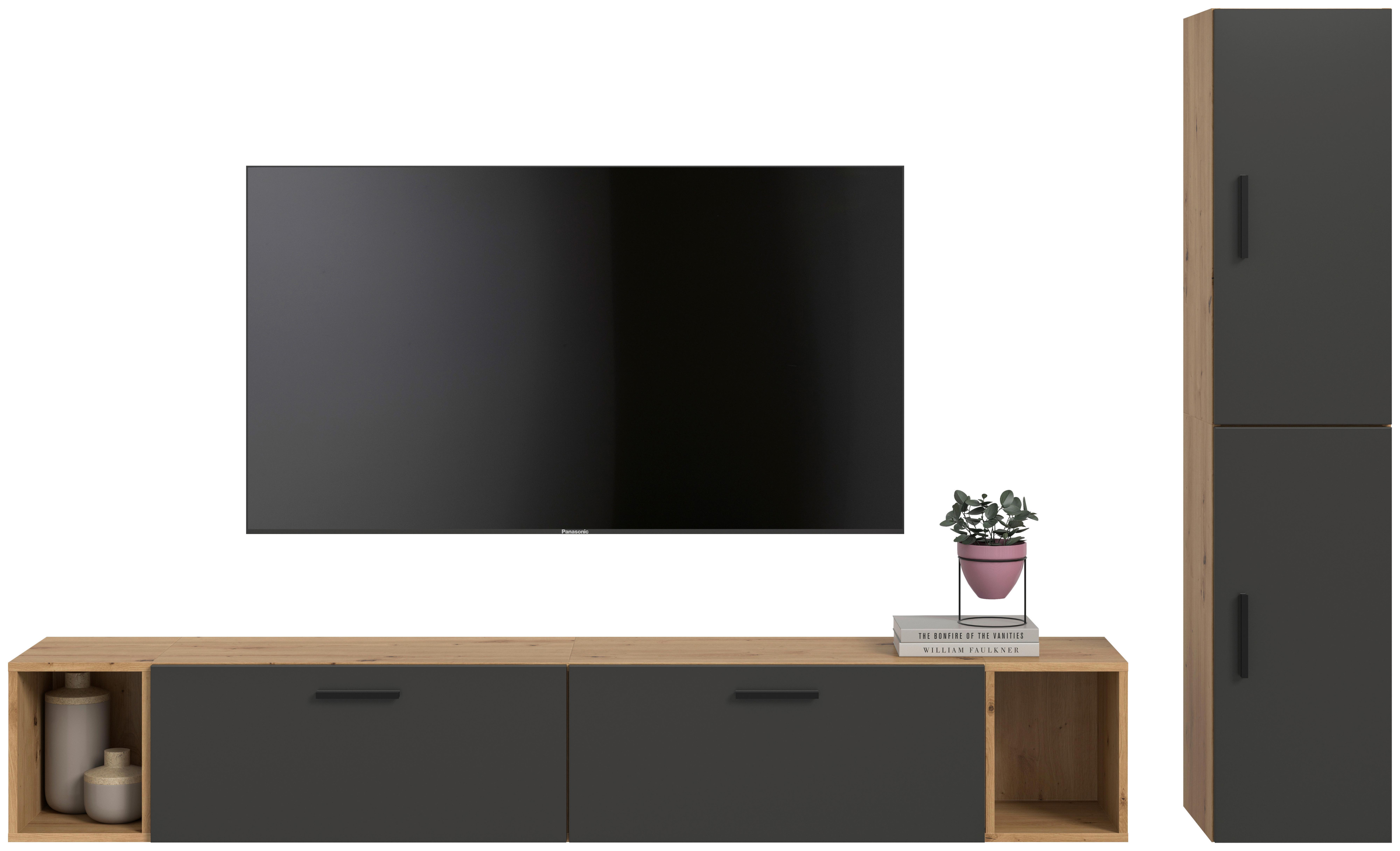Wohnwand, The One 1, B: 259 cm Grau/Artisan Eiche Dekor - Schwarz/Eiche Artisan, Trend, Holzwerkstoff (259/182/34cm)