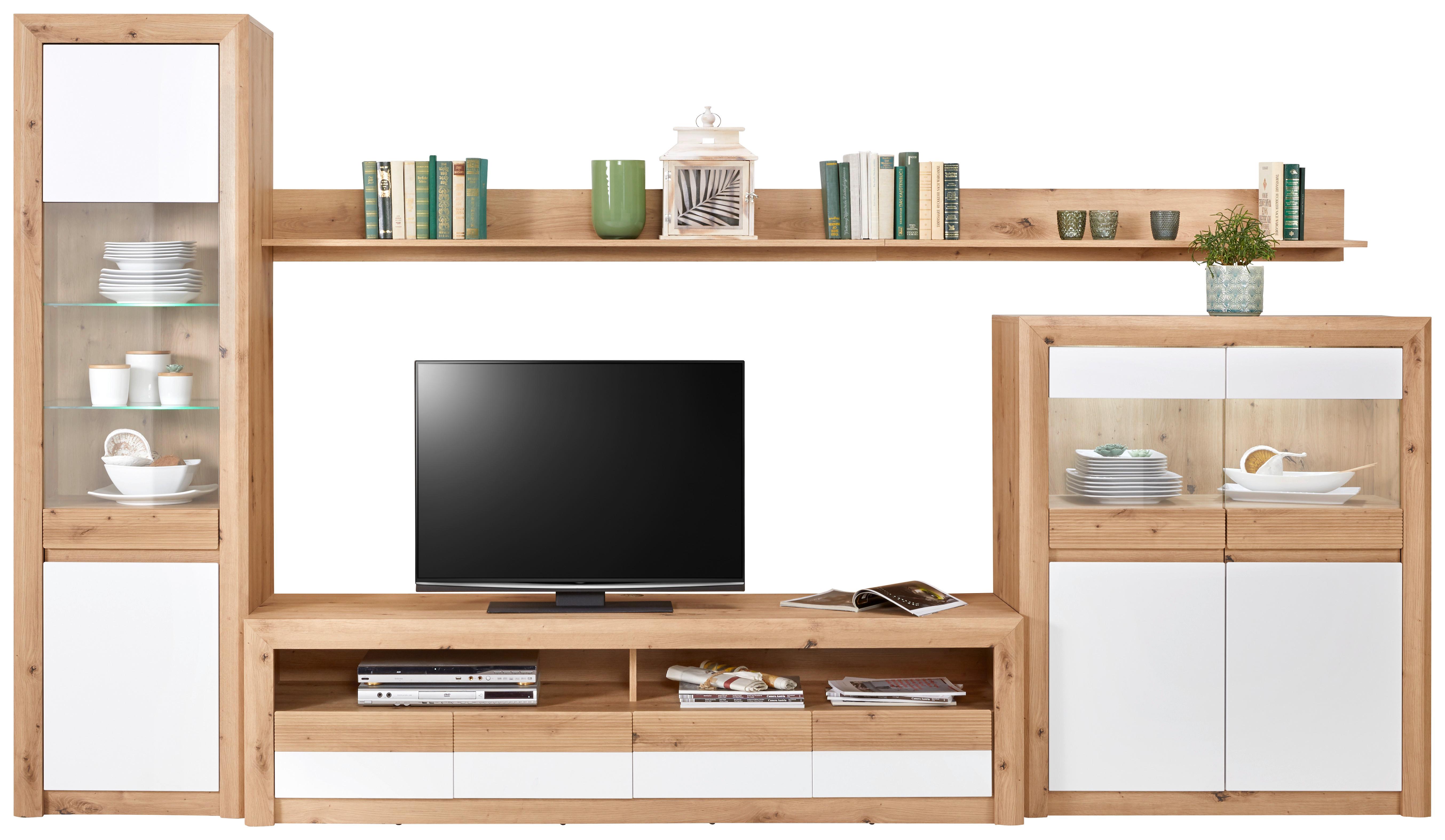 Wohnkombination 5 -Teilig. mit Led Kashmir New 3 Eiche Dekor/Weiß - Eichefarben/Weiß, MODERN, Holzwerkstoff (342/192/49cm) - James Wood