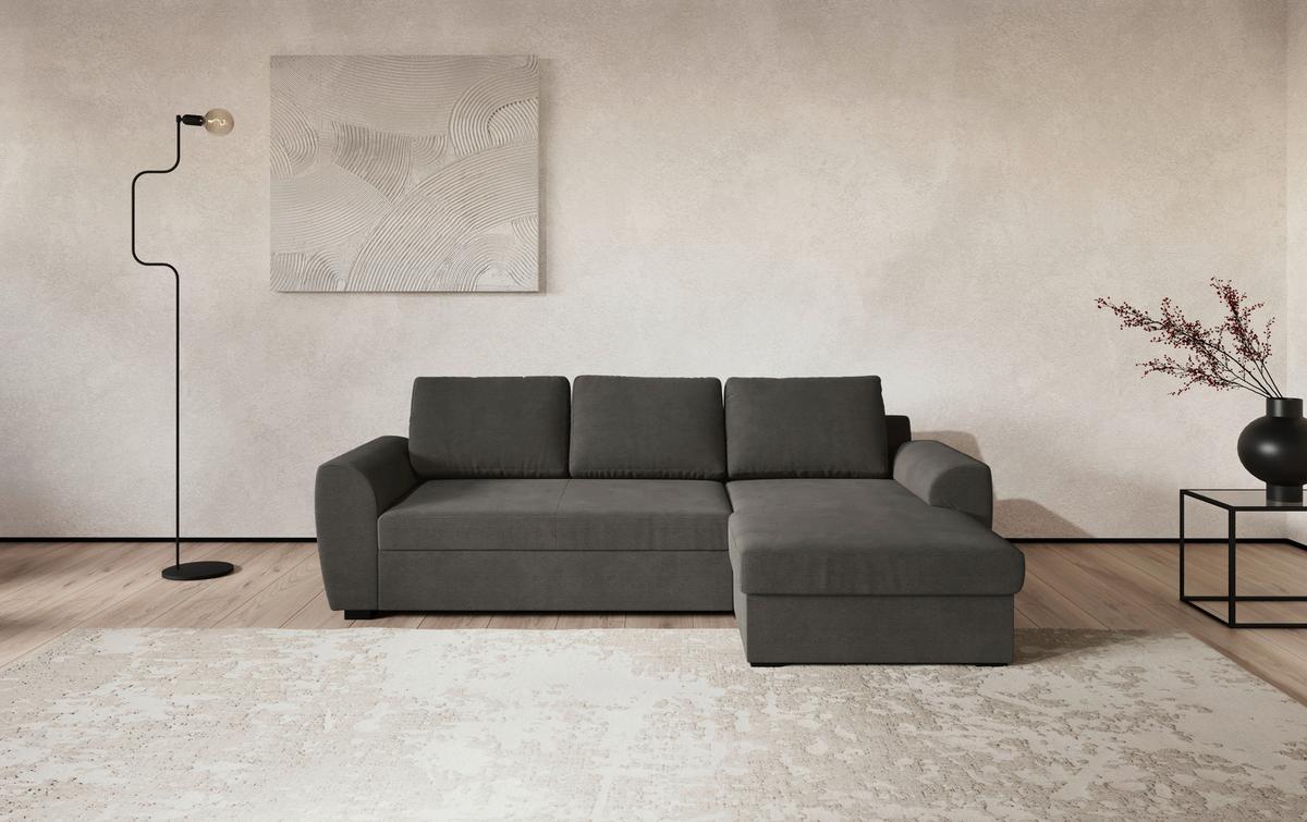 Ecksofa mit Bettfunktion Cord anthrazit, B: 253cm - Anthrazit/Schwarz, Trend, Textil (253/154cm) - MID.YOU