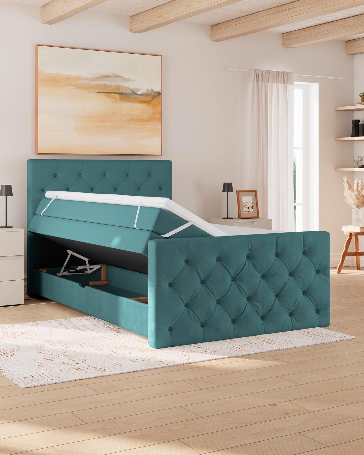 Boxspringbett Elio Petrol 140x200 cm H2 - Beige/Petrol, ROMANTIK / LANDHAUS, Textil (140/200cm) - James Wood