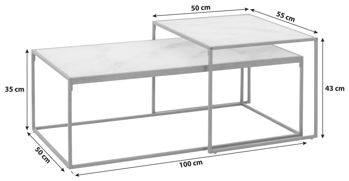 Sada 2 konferenčních stolků BOLTON - bílá/černá, Design, kov/sklo (50-100/50-55/35-43cm)