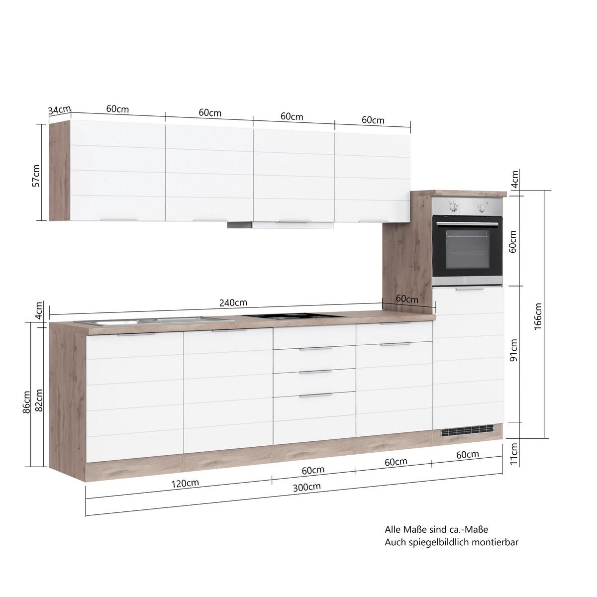 Küchenzeile Florenz ohne Geräte 300 cm Grau/Eichef. - Eiche Wotan/Grau, Design, Holzwerkstoff (300cm) - Held