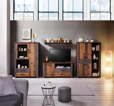 Wohnwand mit Vitrinen, TV-Element und Wandboard Wohnwand in Betonoptik und Eiche Dekor