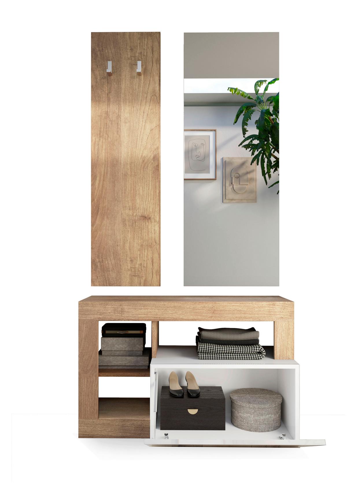 Garderobe Hamburg Eichefarben/Weiß B: 91 cm - Eichefarben/Weiß Hochglanz, Basics, Holzwerkstoff (91/178/35cm)