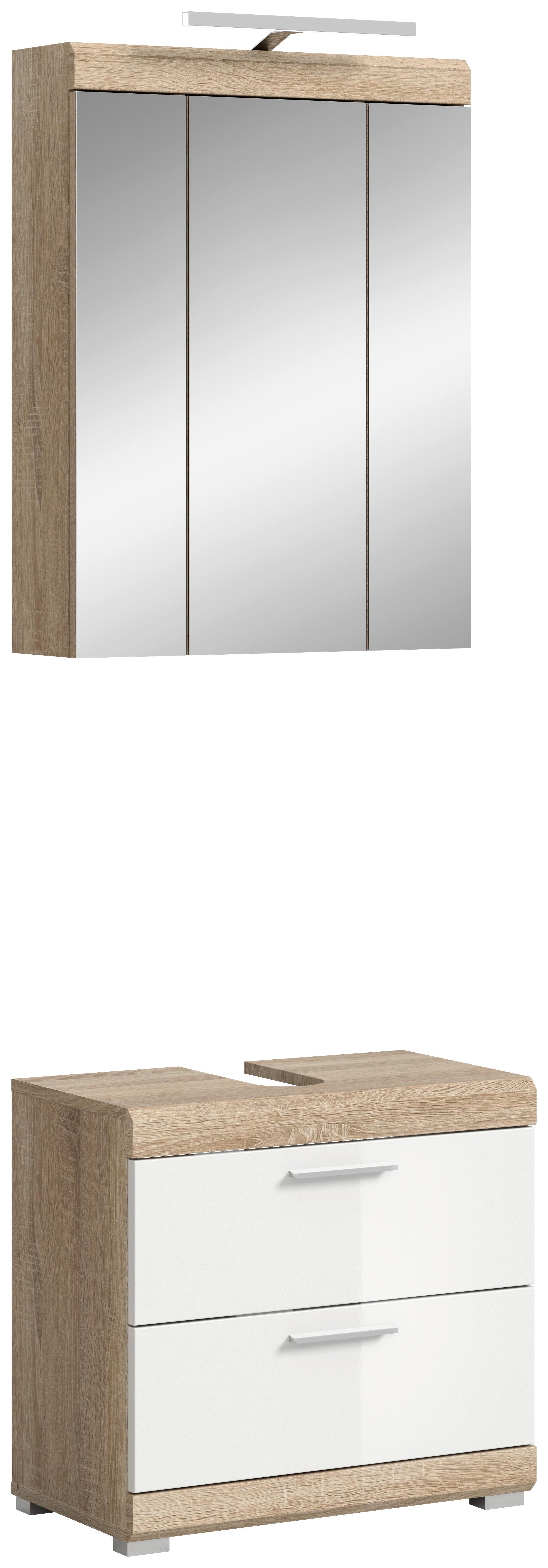 Badezimmer Lambada Eiche Dekor/weiß B: 60 Cm - Weiß Hochglanz/Silberfarben, MODERN, Glas/Holzwerkstoff (60cm) - MID.YOU