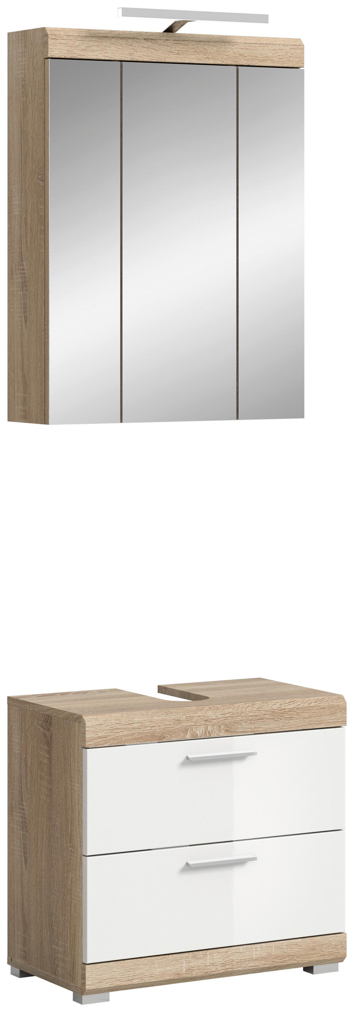 Badezimmer Lambada Eiche Dekor/weiß B: 60 Cm - Weiß Hochglanz/Silberfarben, MODERN, Glas/Holzwerkstoff (60cm) - MID.YOU