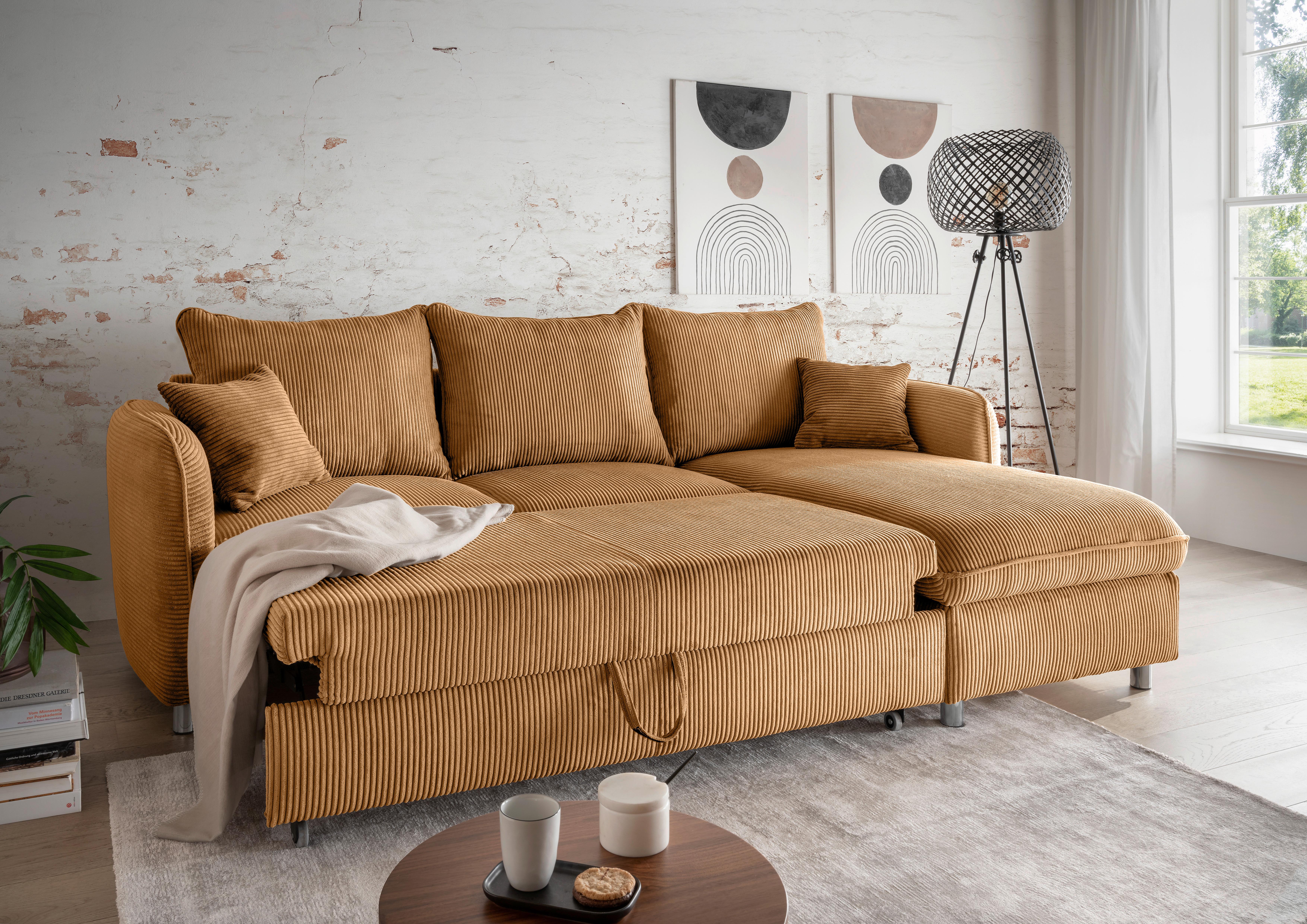 Eckschlafsofa Lauritio Goldfarben S: 254x160 cm - Chromfarben/Goldfarben, MODERN, Textil (254/160cm) - Livetastic