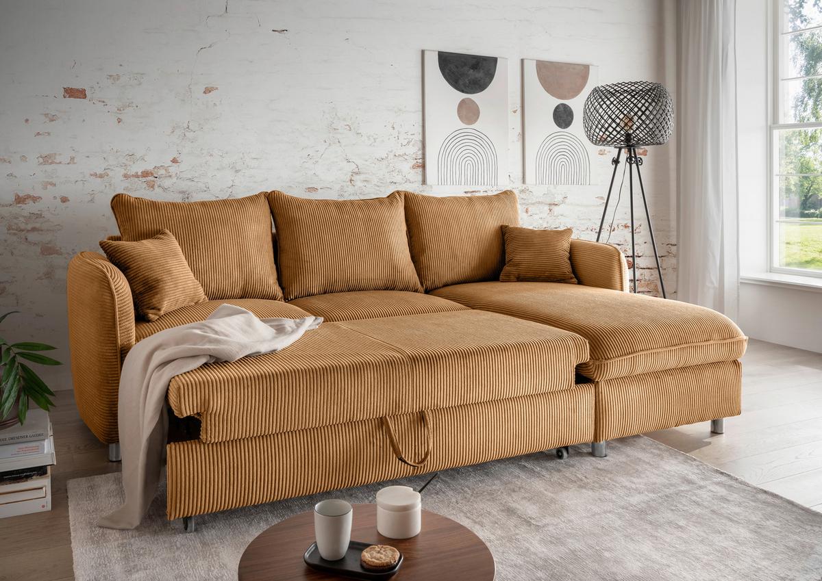 Eckschlafsofa Lauritio Goldfarben S: 254x160 cm - Chromfarben/Goldfarben, MODERN, Textil (254/160cm) - Livetastic