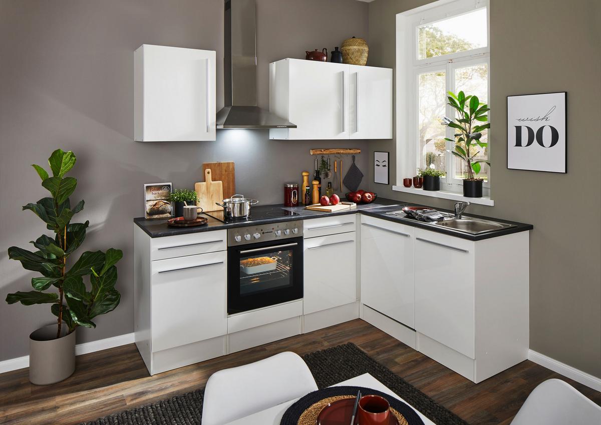 Eckküche Jazz 8 220 Weiß S: 220x175 Cm - Weiß Hochglanz/Anthrazit, LIFESTYLE, Holzwerkstoff (220/175cm) - MID.YOU