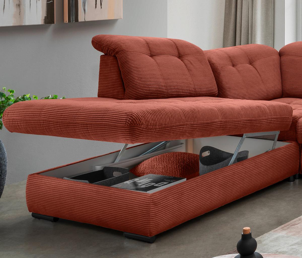 Wohnlandschaft Mit Bettkasten Rigatti Koralle B: 387 Cm - Koralle/Schwarz, MODERN, Textil (252/387/184cm) - Livetastic