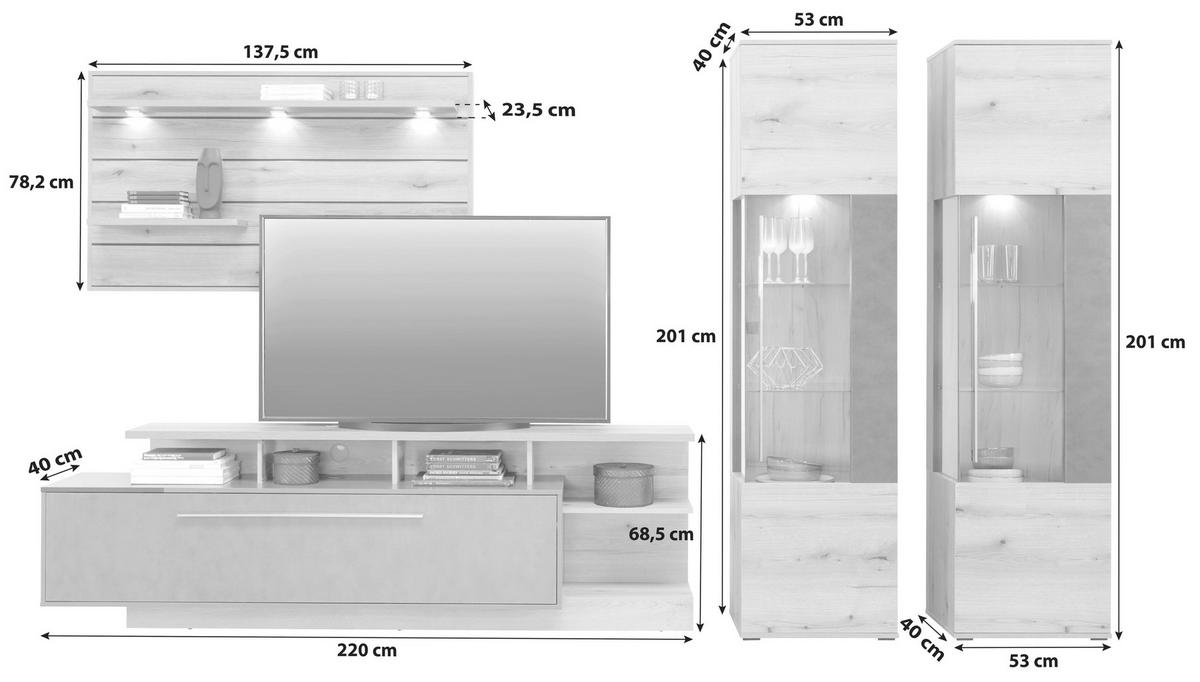 Wohnkombination Modern 4-Tlg. Limit Matera/Eiche Dekor - MODERN, Glas/Holzwerkstoff (326/201/40cm)
