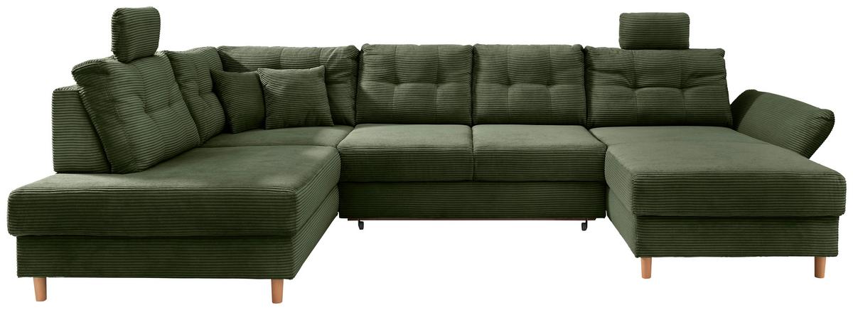 Wohnlandschaft Brizzini mit Schlaffunktion, Dunkelgrün - Dunkelgrün/Naturfarben, MODERN, Textil (206/338-352/176cm) - Livetastic