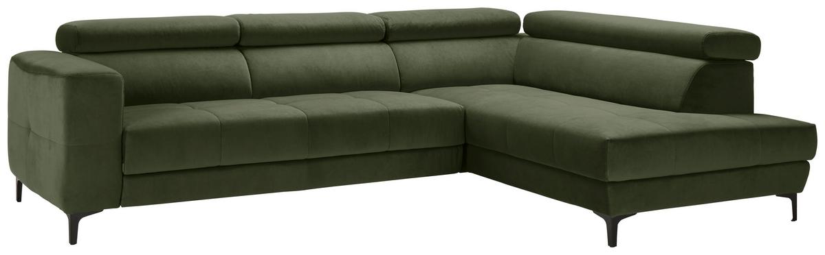 Rohová sedačka EMMA, pravá, oliv.zel.,op.hl.,USB,el.výsuv - černá/olivově zelená, Moderní, textil (301/210cm) - Premium Living