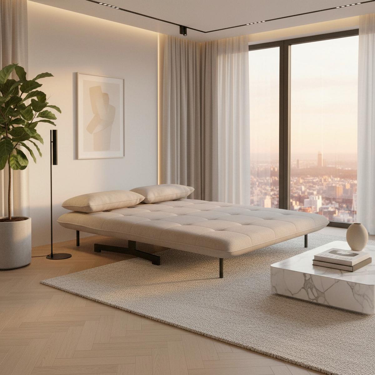 Rozkládací pohovka LUNA, béžové buklé, max.240 kg - černá/béžová, Moderní, kov/textil (143/84/81cm) - Bessagi Home