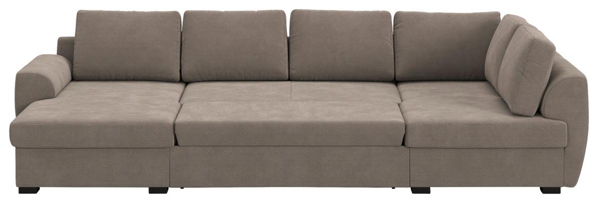 Wohnlandschaft m. Bettfunktion Cord taupe, B: 327cm - Taupe/Schwarz, Trend, Textil (154/327/86cm) - MID.YOU