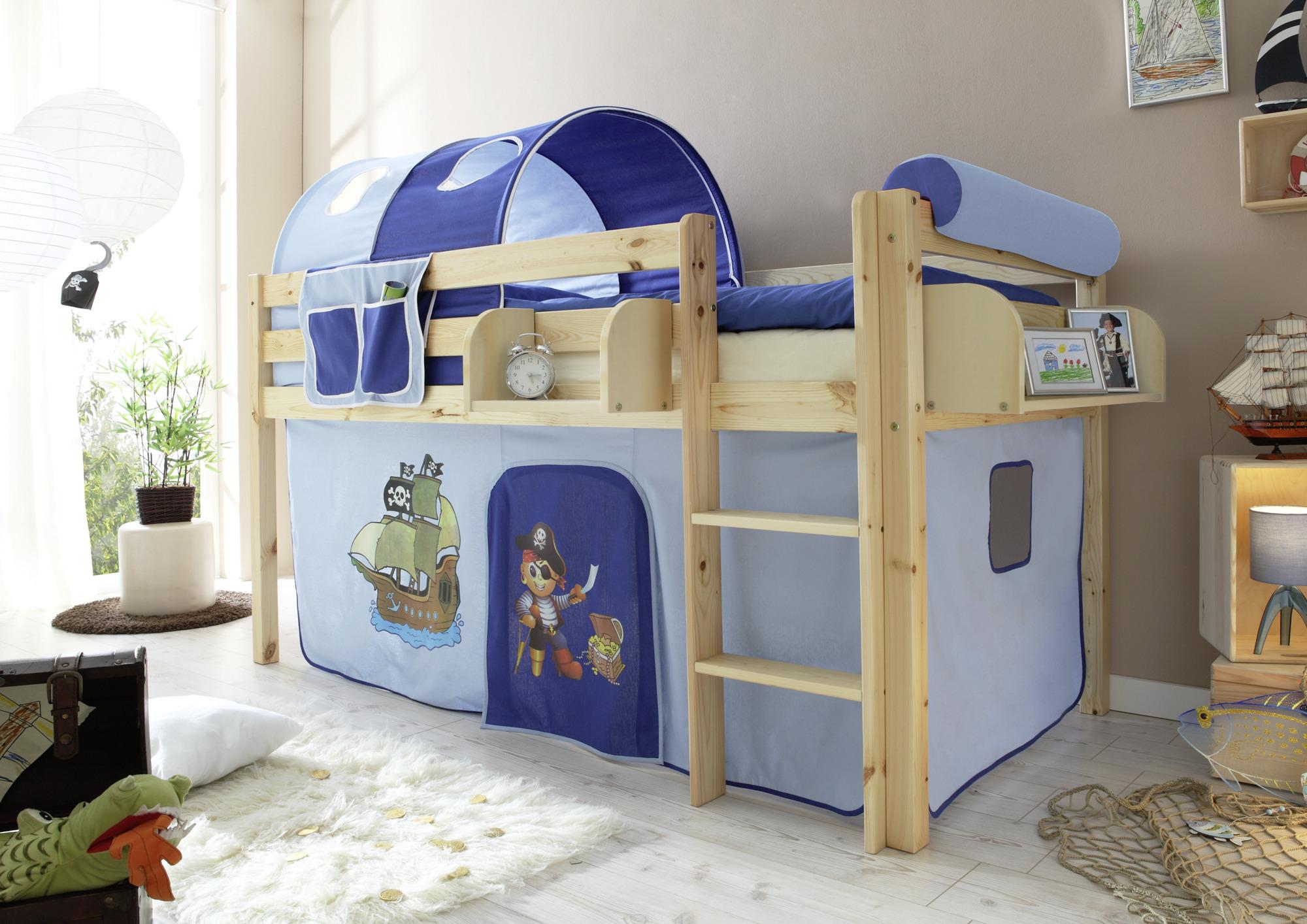 Spielbett Malte Blau Kiefer Massiv 90 cm Absturzsicherung - Naturfarben/Dunkelblau, Natur, Holz (90/200cm) - MID.YOU