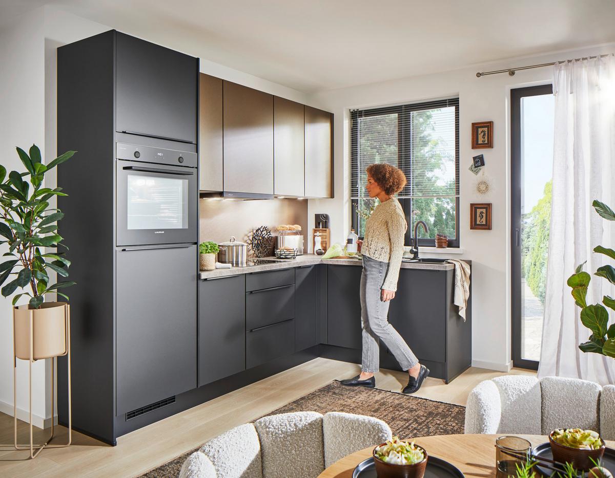 Eckküche Pn210/205 - Taupe/Schwarz, Basics, Holzwerkstoff (264/178cm) - Pino
