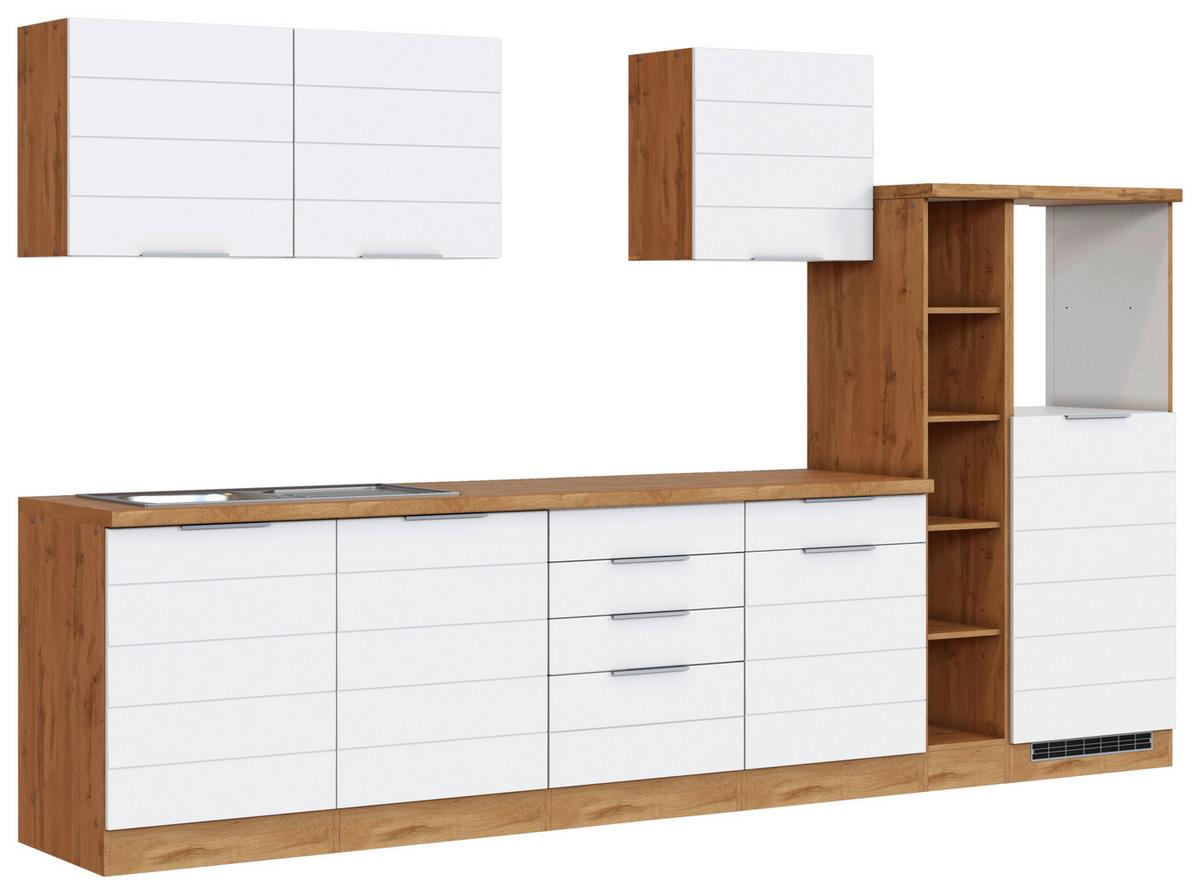Küchenzeile Florenz ohne Geräte 330 cm Weiß/Eichef. - Eiche Wotan/Weiß, Design, Holzwerkstoff (330cm) - Held
